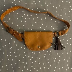 J. Crew Tan Leather Tassel Belt Bag with Dark Brown Tassel
